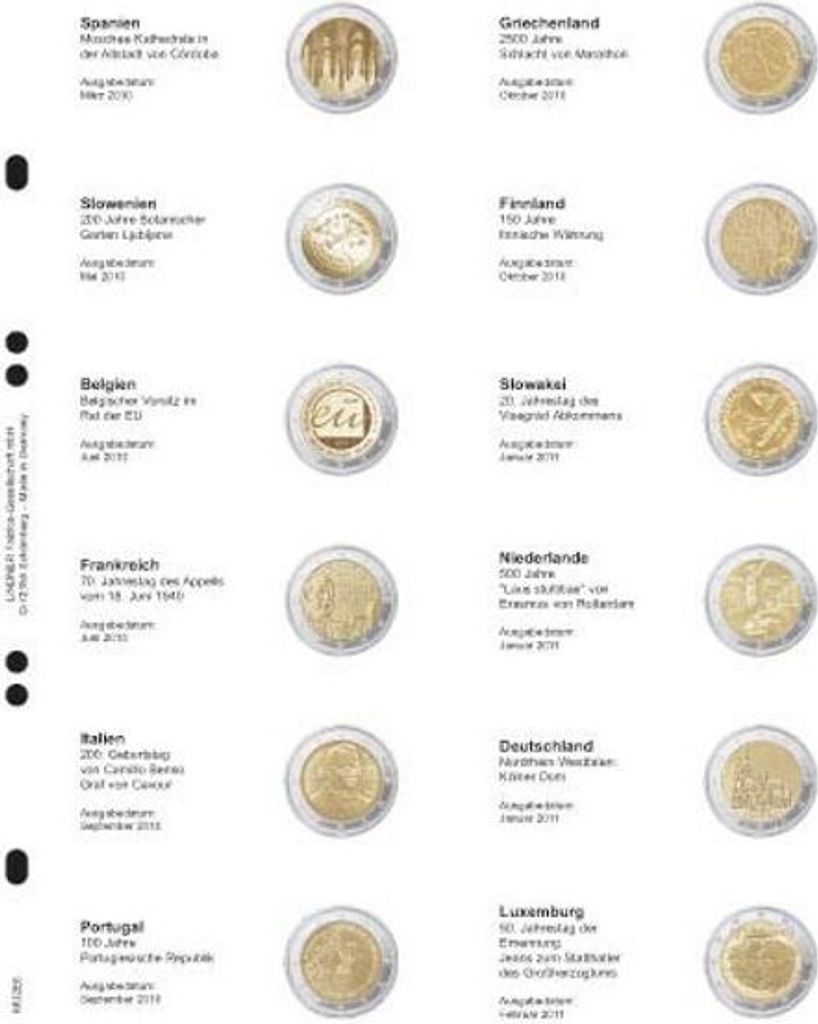 Lindner MU2E6 Multi Collect Vordruckblatt für 2 € Gedenkmünzen: Spanien 2010 - Luxemburg 2011