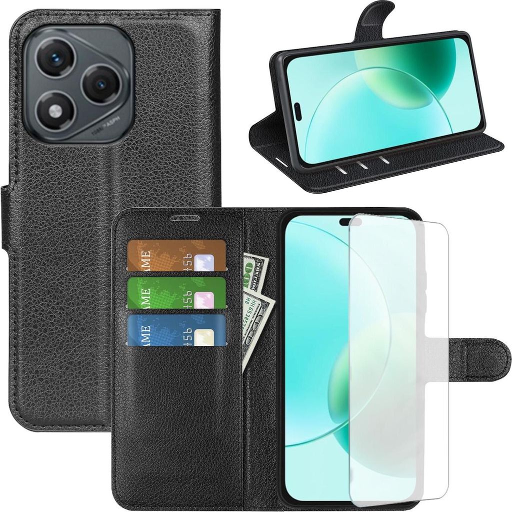 Für Honor 400 Lite Kunstleder Book Wallet Handy Tasche Schwarz + 9H Hart Glas