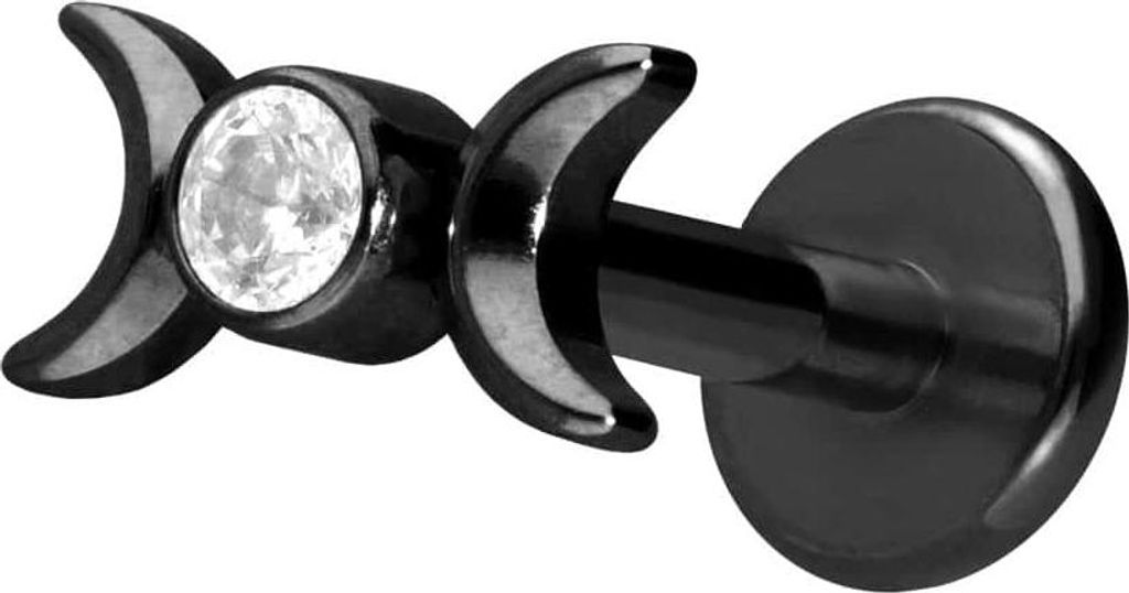 Ohrpiercing, Nasenpiercing Titan Labret mit Push Fit 2 MONDE + KRISTALL Schwarz Stablänge: 9mm | Stabstärke: 1mm