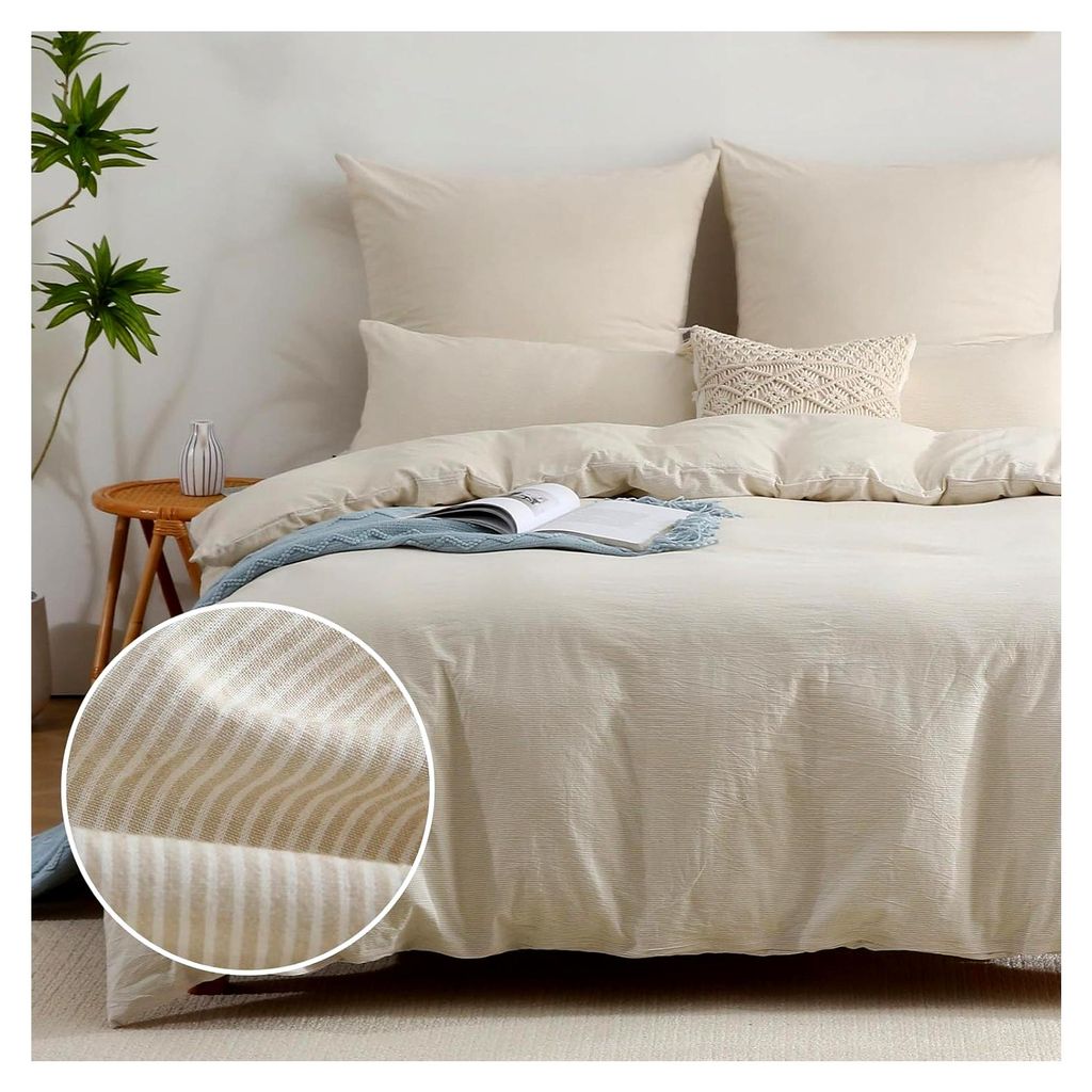 Bettwäsche 155x220 cm aus 100% gewaschener Baumwolle, gestreift, beige, mit Leinenartigem Griff, bestehend aus 1 Bettbezug 155x220 cm und 1 Kissen...