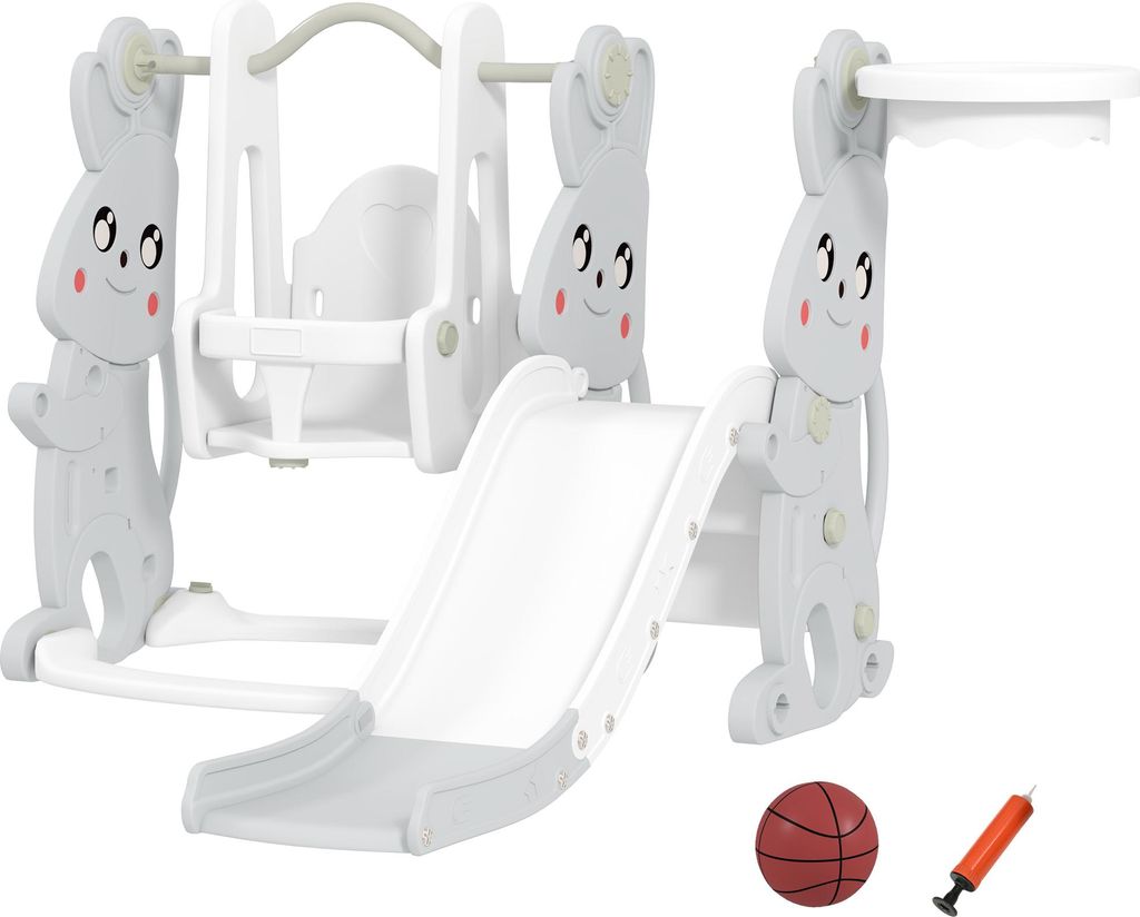 4-in-1 Spielset für Kleinkinder: Rutsche, Schaukel, Klettergerüst, Basketballkorb | Hasendesign, Kunststoff, Grau | Indoor & Outdoor Spielplatz