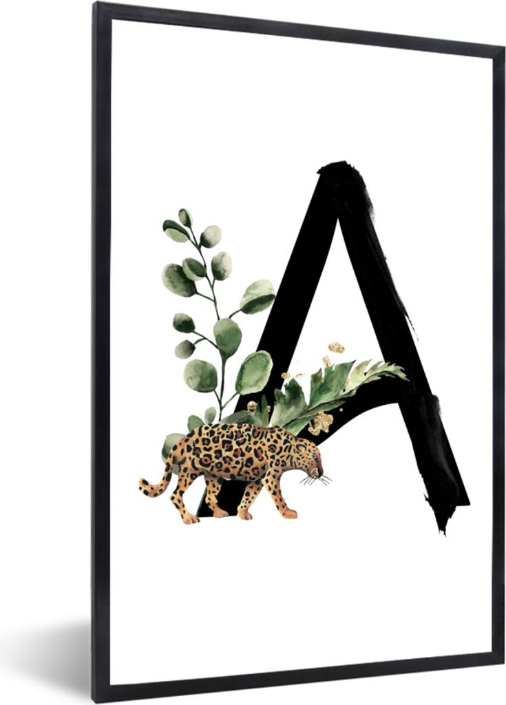 MuchoWow MuchoWow Gerahmtes Poster Dschungel - Leopard - Buchstabe A 40x60 cm - Poster mit zchwarzem Bilderrahmen - Papierdruck - Wandbilder