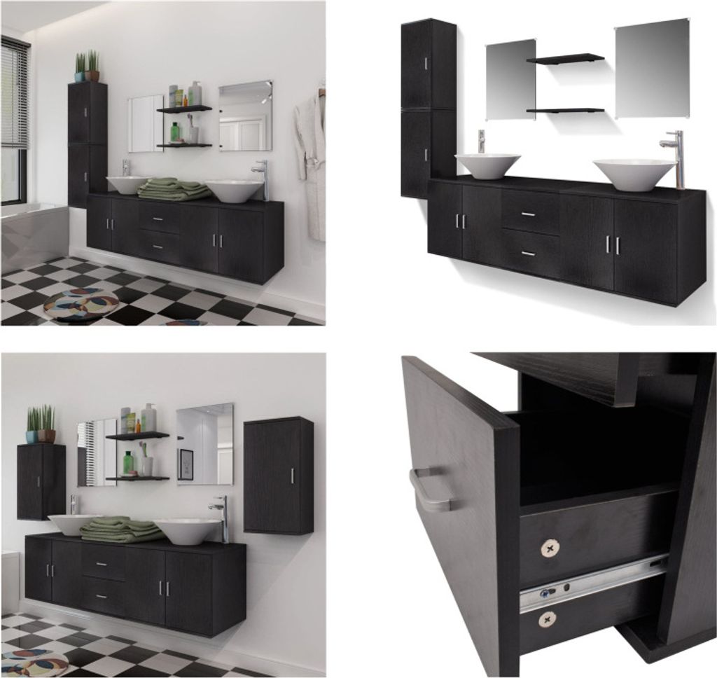 vidaXL 11 tlg. Badmöbel Set mit Waschbecken und Wasserhahn Schwarz - Badezimmermöbel - Badmöbel - Badmöbel Set - Badschrank