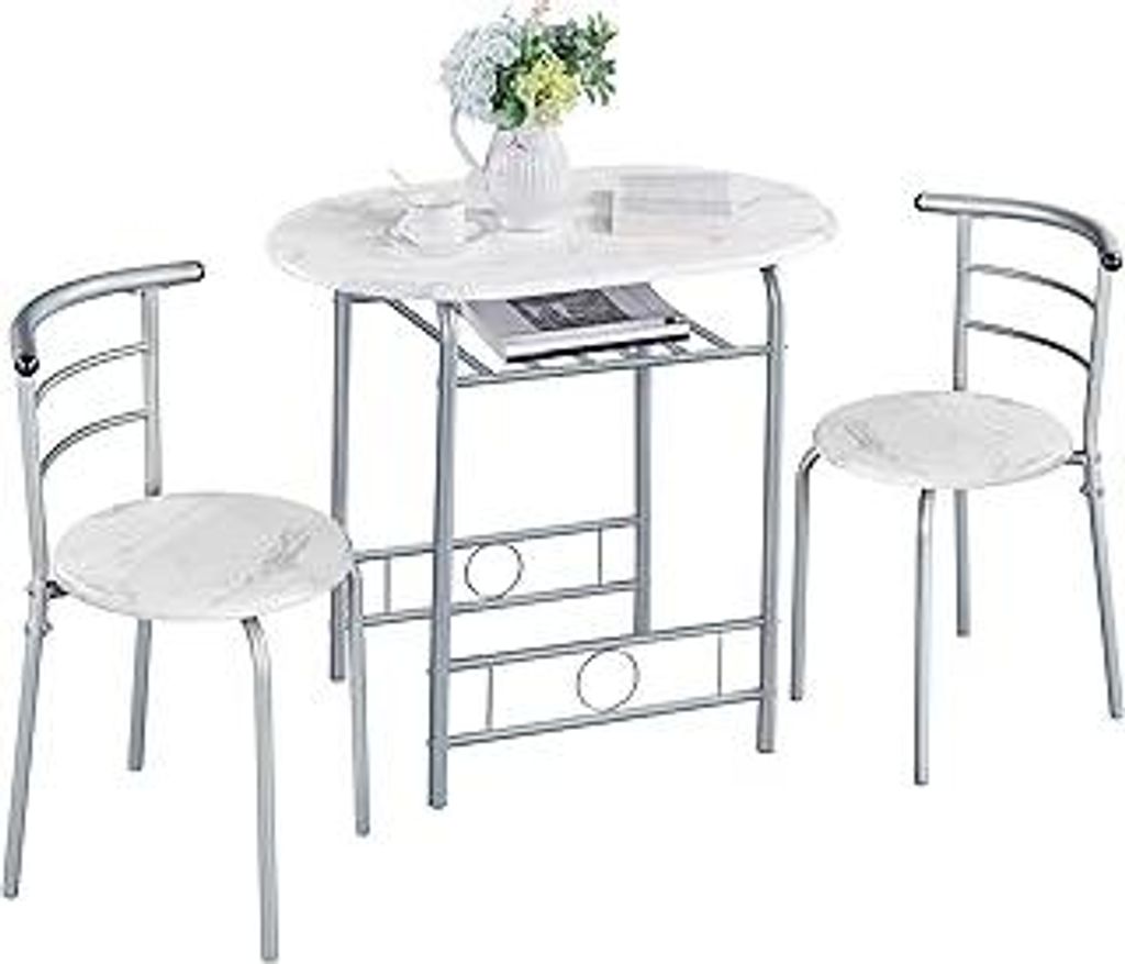 Essgruppe im Landhausstil Tischgruppe für 2 Personen mit 1 Esstisch & 2 Stühle Küchentisch mit Ablagefach Esstisch und Stühle Set, Weiß