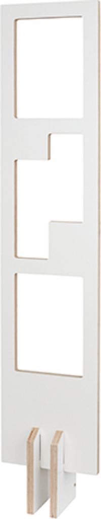 A white, multi-panel frame with wooden supports at the base, shown against a white background.