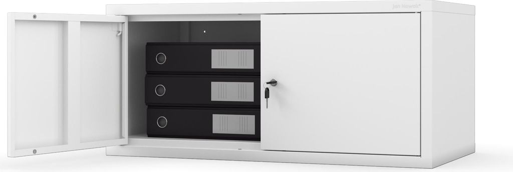 A white metal filing cabinet with its left door open, revealing three black binders inside. The right door is closed and has a key lock.