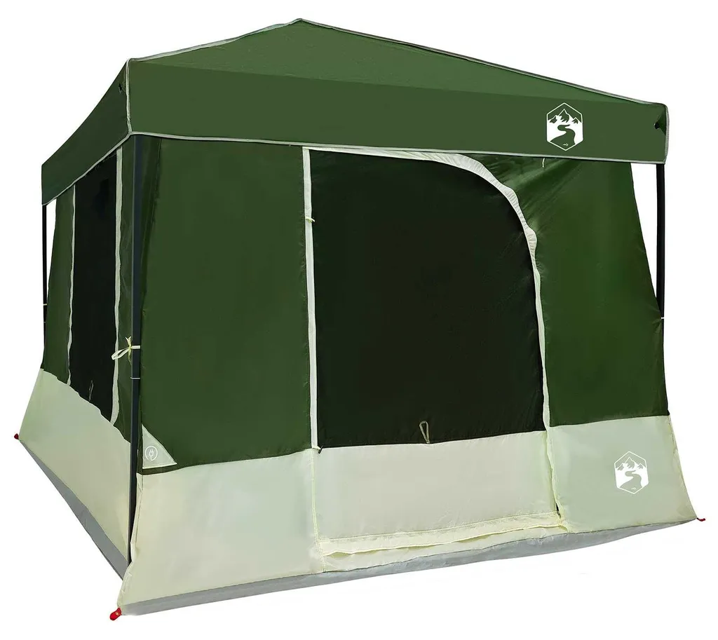 Double tente de camping en taffetas résistant coloris vert avec auvent