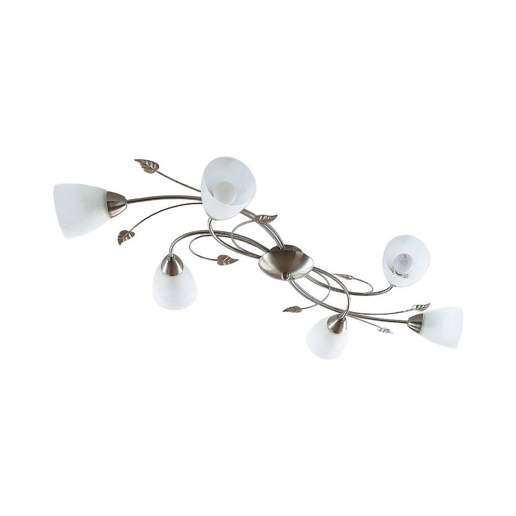 Lindby Deckenlampe Yannie, 6-flg., 106 cm, nickel/weiß, Glas