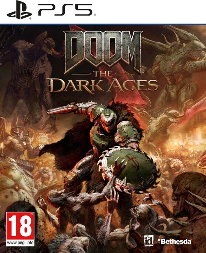 The cover art for the video game DOOM: The Dark Ages, showing the main character in combat with demons.