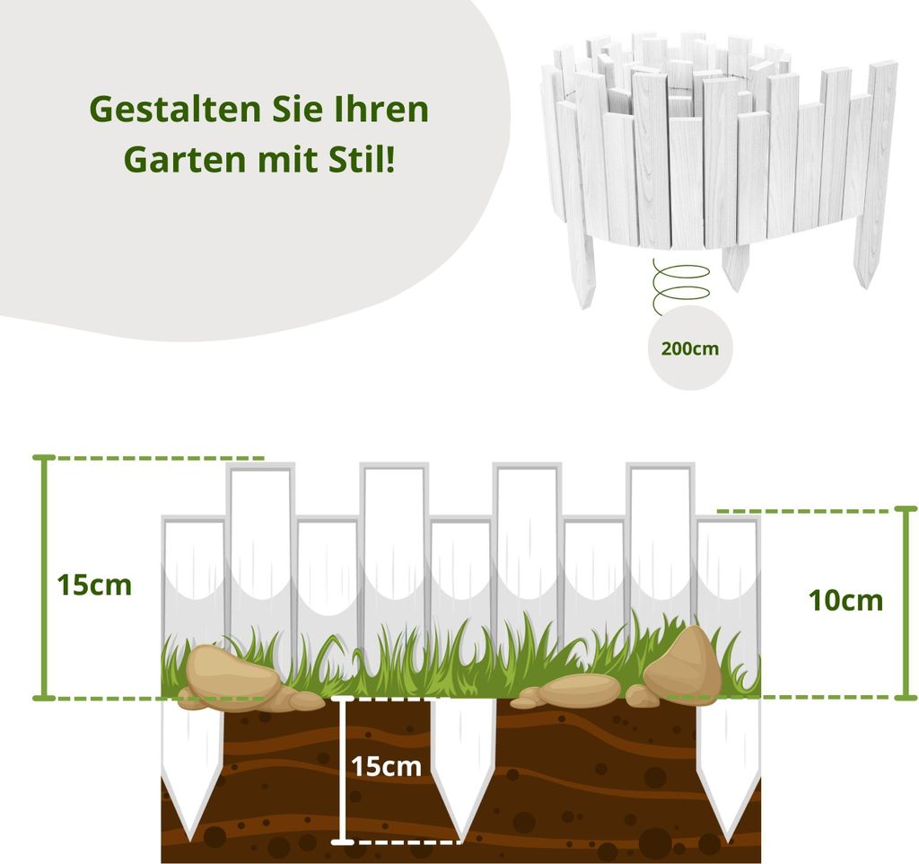 Floranica Beeteinfassung Rasenkante Holz Rollzaun Holzzaun 200 x 15 cm Weiß imprägniert Flexible Rollborder Palisade Gartenzaun