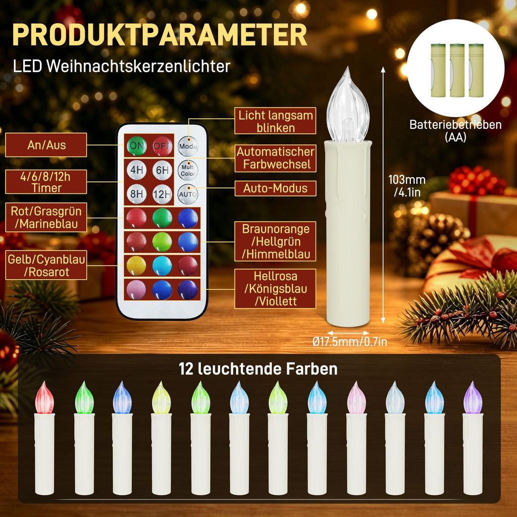 UISEBRT 30 Stück Farbwechsel LED-Stabkerzen, flammenlose