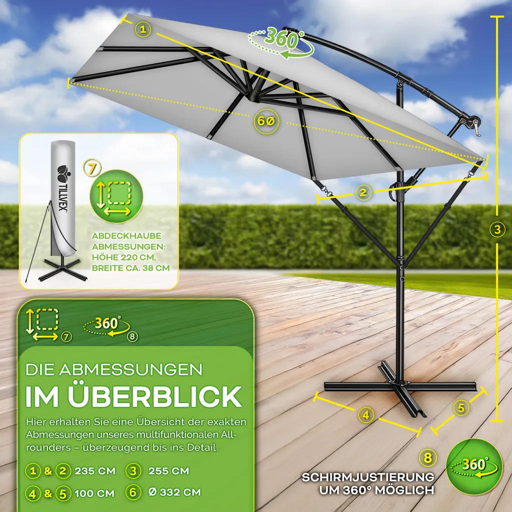 tillvex® Ombrellone in alluminio rettangolare Ø 330 cm grigio + copertura con manovella | Ombrellone quadrato con supporto e parabrezza | Ombrellone da giardino in alluminio con protezione UV | Ombrellone a manovella impermeabile ruotabile a 360 gradi - 3