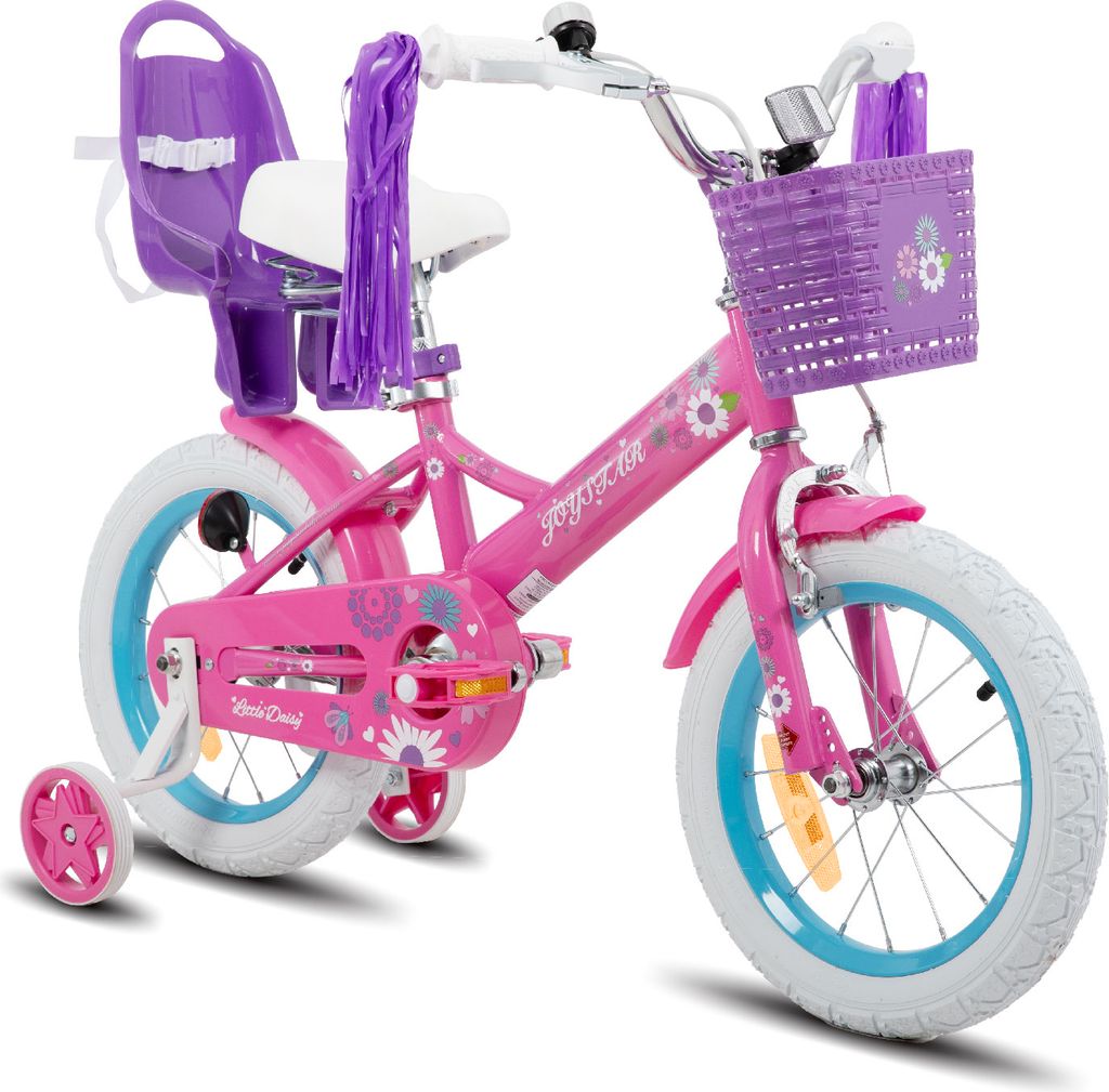 HILAND Joystar 16 Zoll Kinderfahrrad mit Stützrädern, Puppenfahrradsitz, Luftschlangen, Korb, Klingel, DIY-Aufklebern, Schutzblechen, für Mädch...