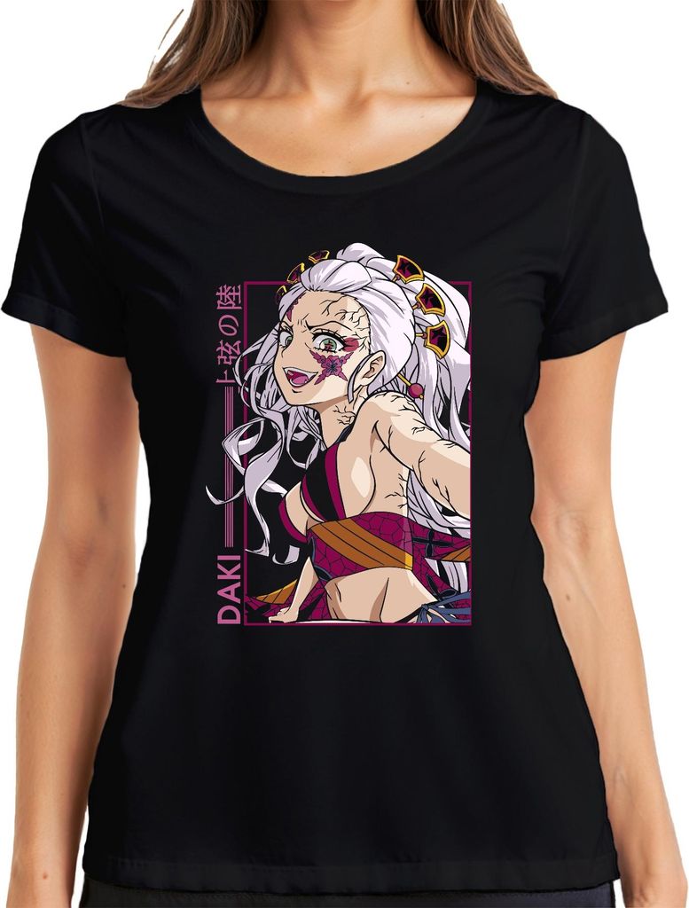 Daki Kimetsu no Yaiba Anime weisse Haare Rissige Haut Otaku Damen T-Shirt, Schwarz, XXL