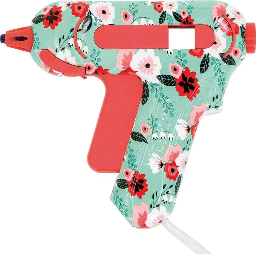 Westcott Mini Heißklebepistole Floral | DIY Heißkleber inkl. 2 x 7mm Heißklebesticks| Non-Stick Düse mit Farbindikator | Klebepistole zum Baste...
