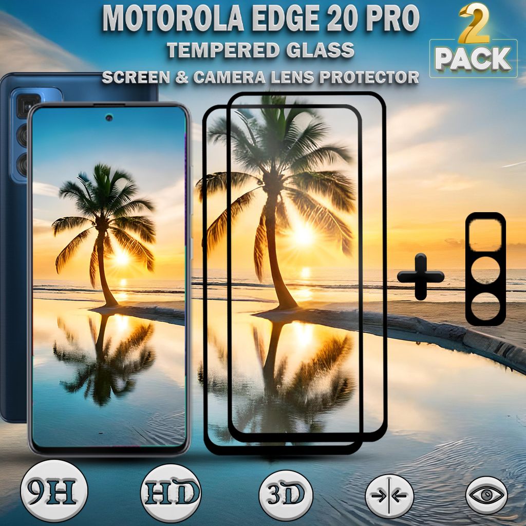 2-Stück Motorola Edge 20 Pro Displayschutzfolie und Objektivschutz aus gehärtetem Glas 9H