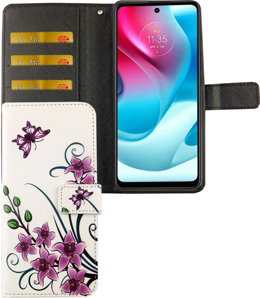 Motorola Moto G60S Tasche Handy Hülle Schutz-Cover Flip-Case mit Kartenfach, Farbe:Lotusblume Weiß
