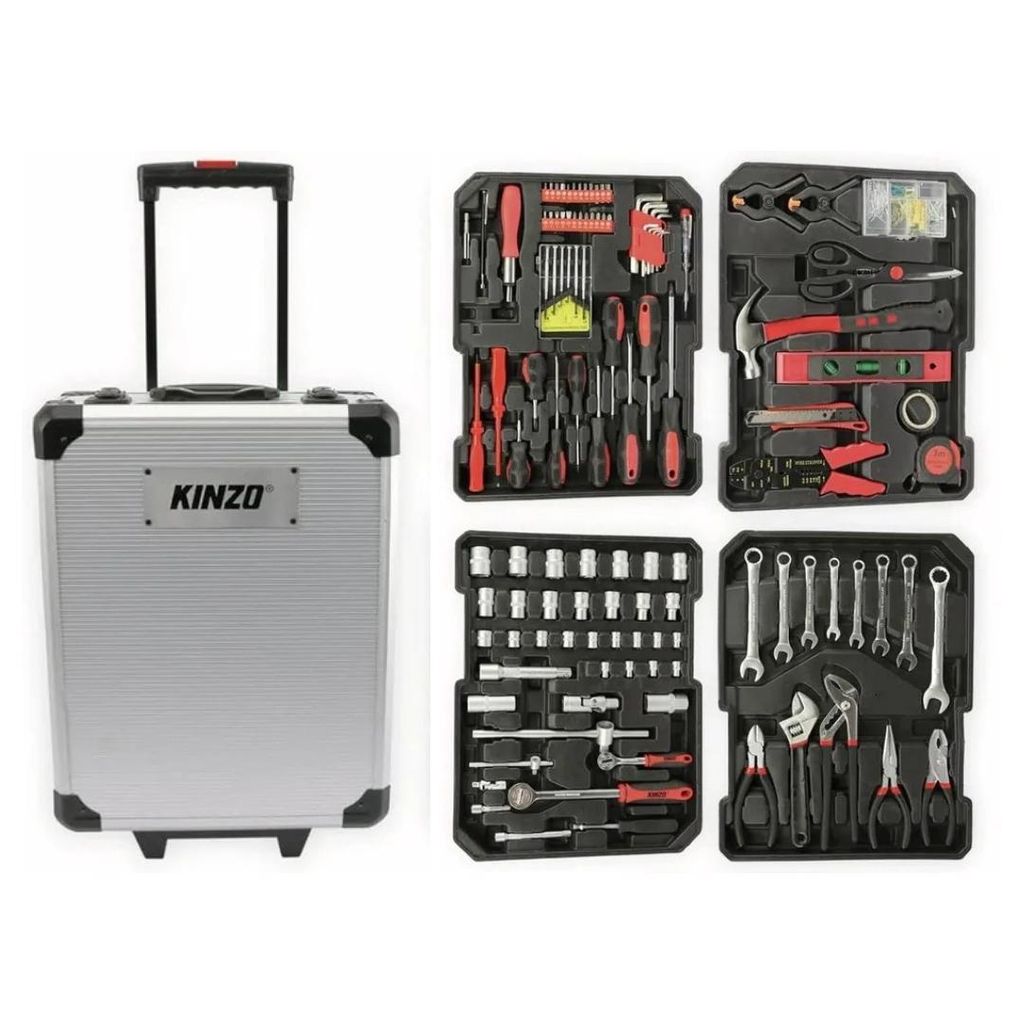 JUNG KINZO Werkzeugkoffer gefüllt 187 tlg, Werkzeug Set für den Haushalt & Profesionelle Nutzung, Werkzeugkasten Metall mit 4 Fächern, platzsparend