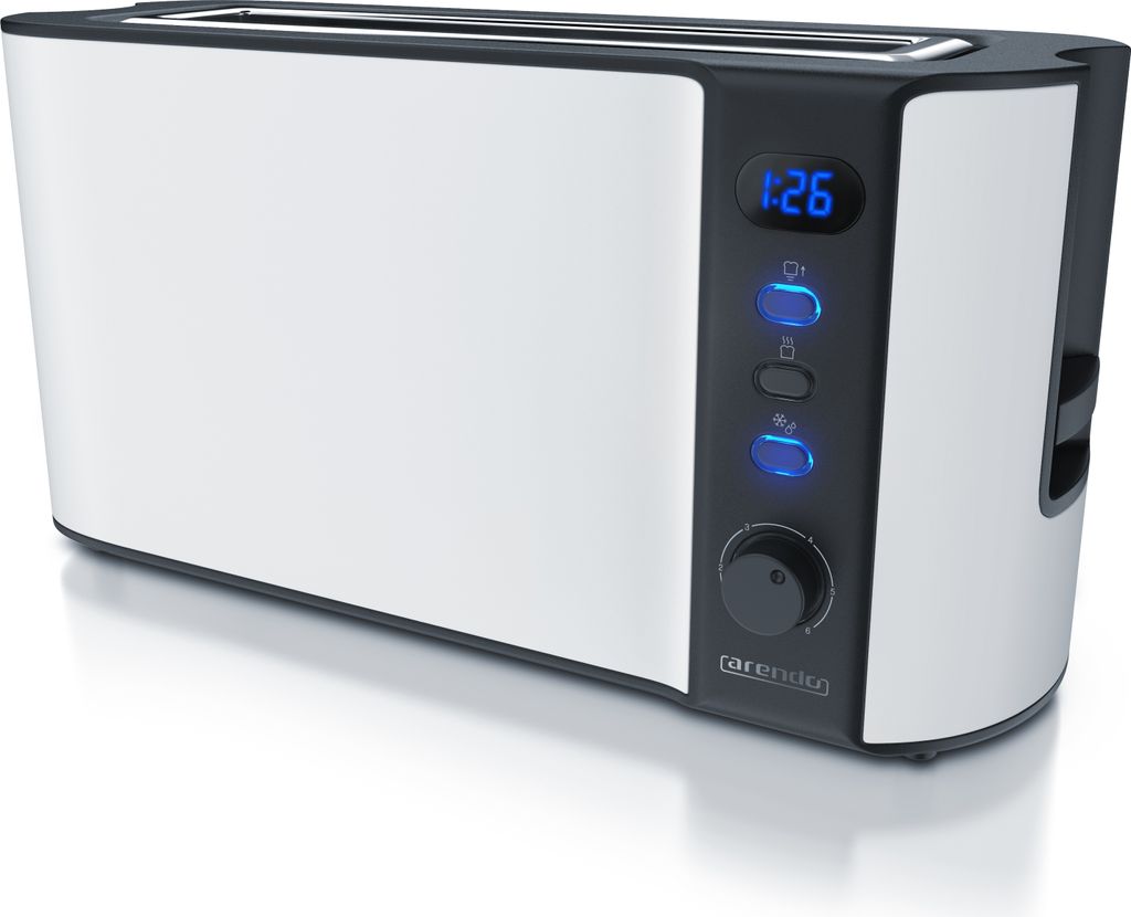 Arendo Toaster, 1 langer Schlitz, für 2 Scheiben, 1000 W, Langschlitz, Brötchenaufsatz, Wärmeisolierendes Gehäuse, Display, weiß