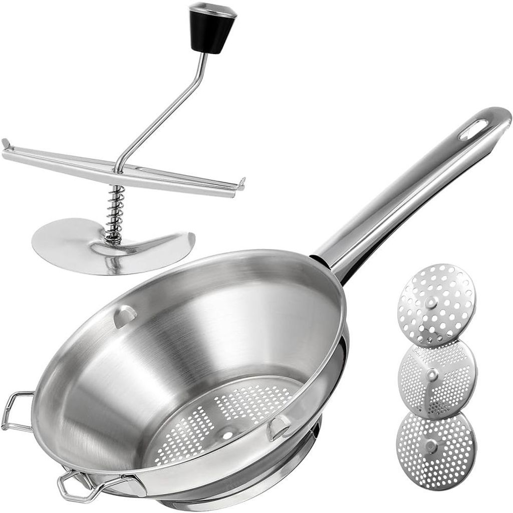 Edelstahl Kartoffelpresse mit 3 Sieben 2/3/7mm ergonomischer Griff spülmaschinenfest für Püree Babybrei Obst und Gemüse in der Küche