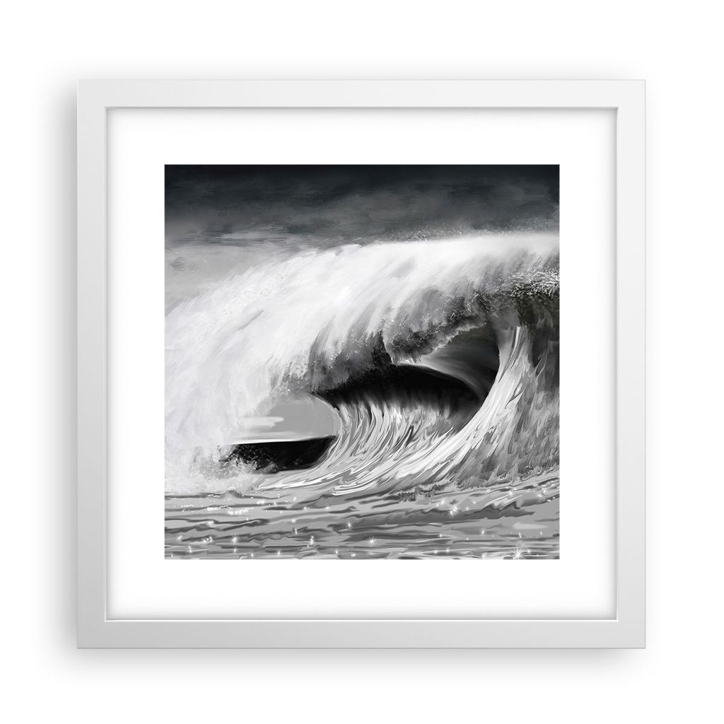 Gerahmtes Poster - Weißer Rahmen - Welle Zeichnung Schwarzweiß - 30x30 cm - Wand Bild - Wanddeko - Wandbilder - Wandposter - Bilderrahmen - Bilde...