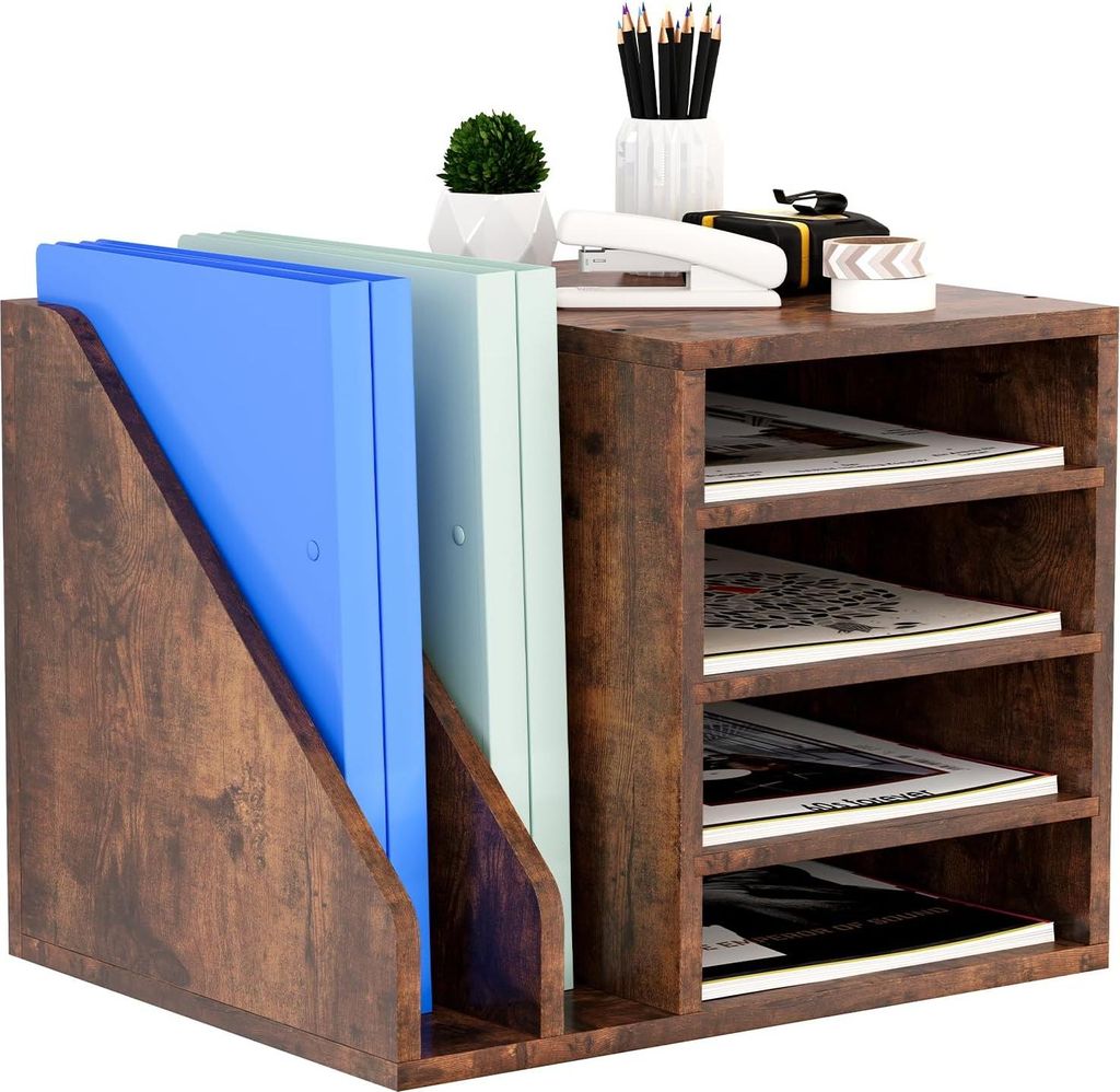 Büro-Organizer mit 4 Ebenen - Dokumentenhalter und Zeitschriftenablage - Retrobraun - Holz