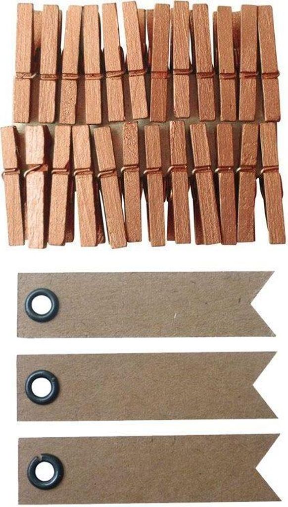 Holz Wäscheklammern 3 cm - Kupfer + 20 Wimpel Kraft Etiketten