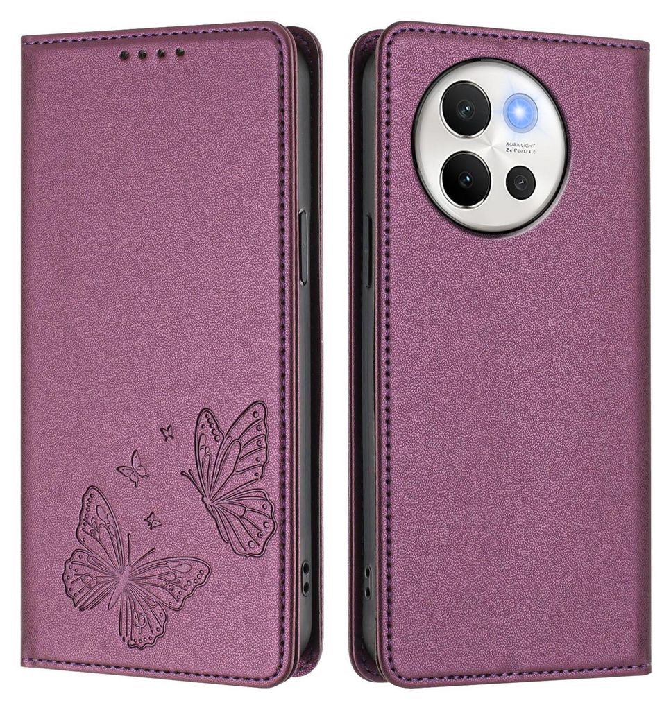 Lederhülle für Vivo V40 Lite 5G, Schmetterling Prägung Leder Brieftasche Schutzhülle mit Ständer Lila