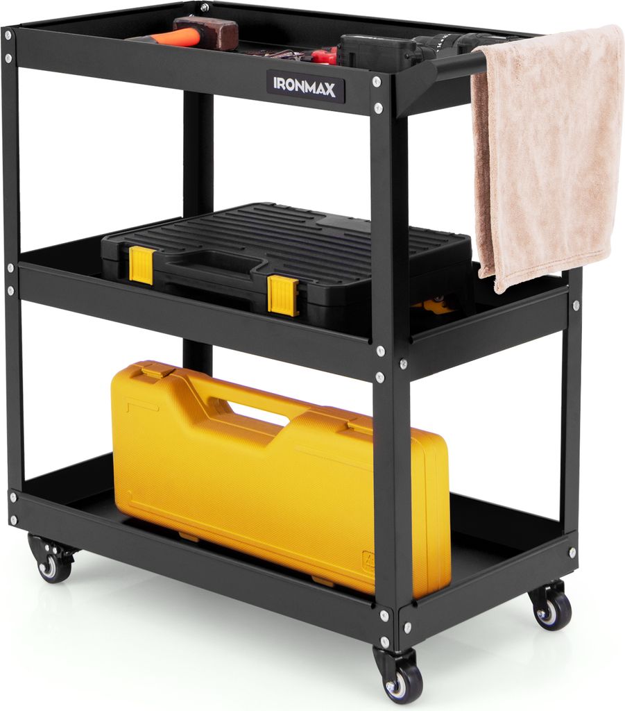 COSTWAY 3 Etagen Werkstatt-Rollwagen bis 120kg, Werkstattwagen mit 4 Universalrädern & Griff, Werkzeugwagen aus Metall 73x36x75cm Schwarz