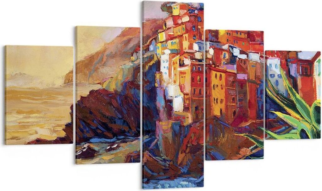 Bild auf Leinwand - Leinwandbild - 5 Teile - Manarola Bunt Öl - 125x70cm - Wand Bild - Wanddeko - Wandbilder - Leinwanddruck - Bilder - Wanddekora...