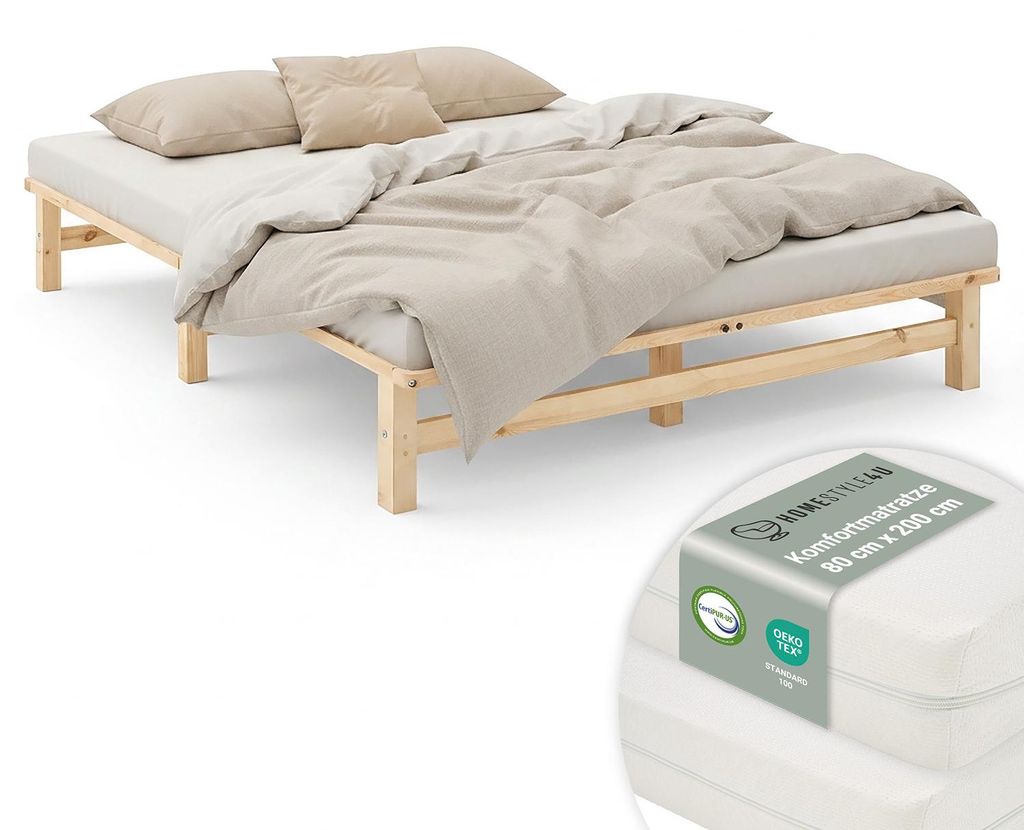 Cadre de lit 160x200 cm avec 2 Matelas Lit en bois massif Image du produit 