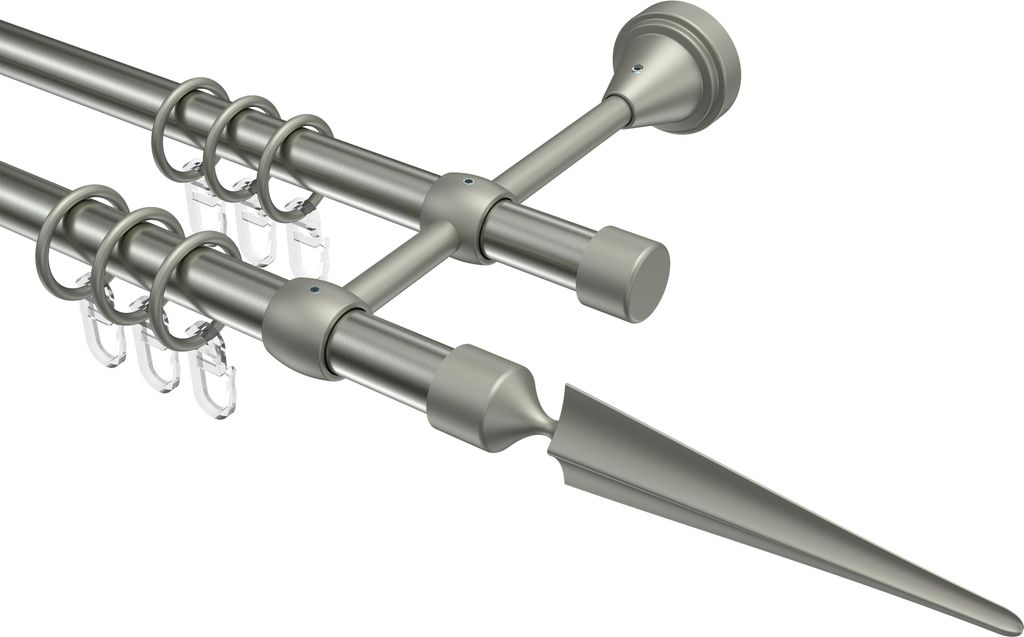 Interdeco Gardinenstange / Vorhangstange Edelstahl-Optik / Chrom matt, Typ Primus Lorenzo (Speer), 16 mm Ø 2-läufig, 180 cm