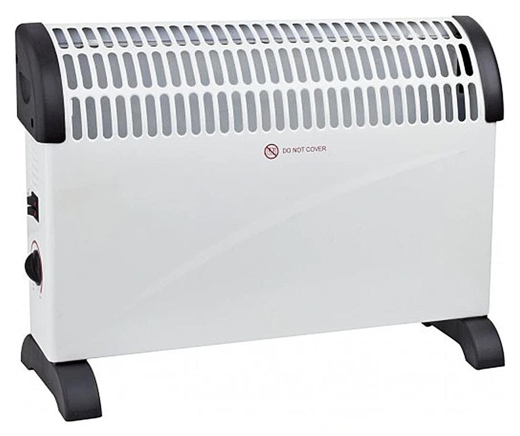 A white electric heater with black accents and feet, shown from a front-diagonal angle against a white background.