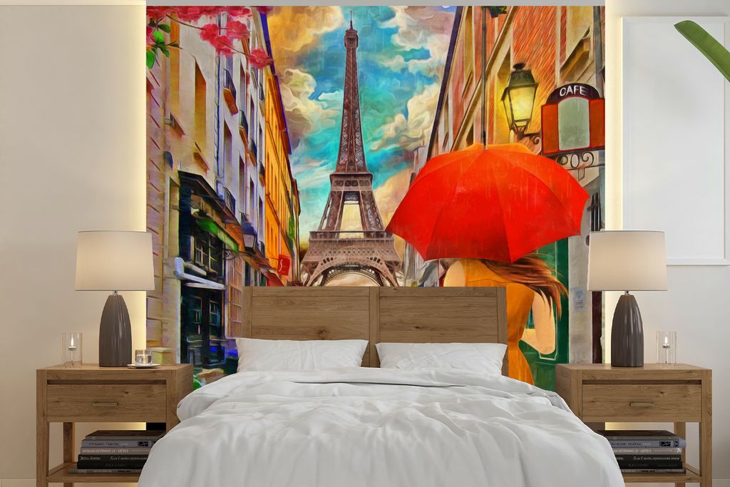 MuchoWow Fototapete für Wohnzimmer oder Schlafzimmer Wandtapete Vinyl Motivtapete Gemälde - Ölfarbe - Frau - Hund - Paris - 350x350 cm - Schla...