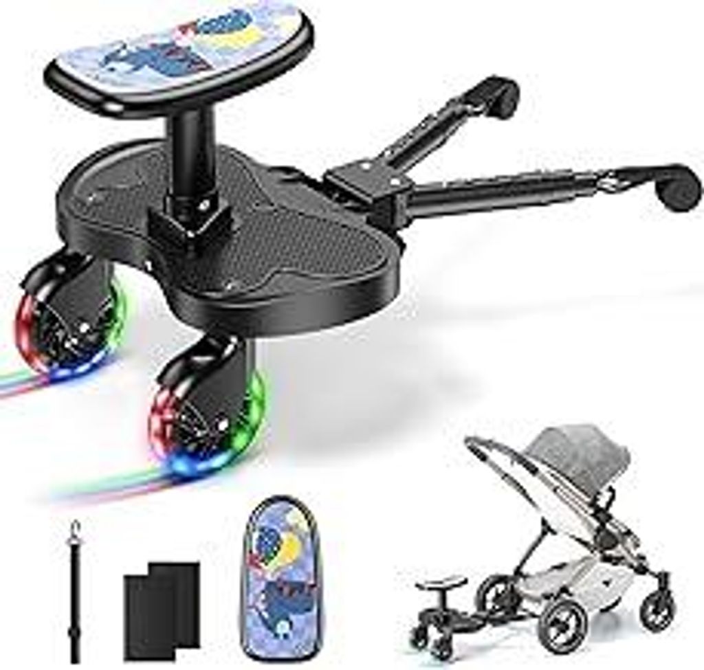 Buggy Board mit LED-Rädern, Trittbrett für Kinderwagen mit Dinositz, für Kinder von 2 bis 6 Jahren (25kg), Kompatibel mit 99% Aller Kinderwagen