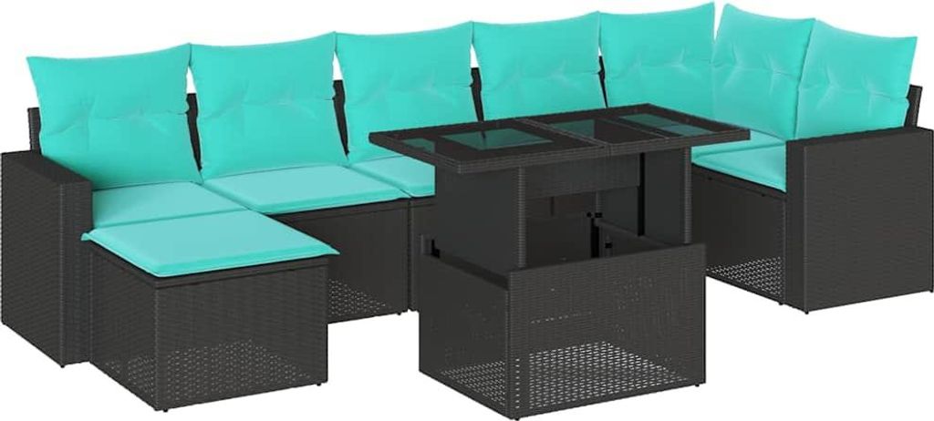 8-teiliges Gartensofa-Set mit Kissen, schwarzes Polyrattan