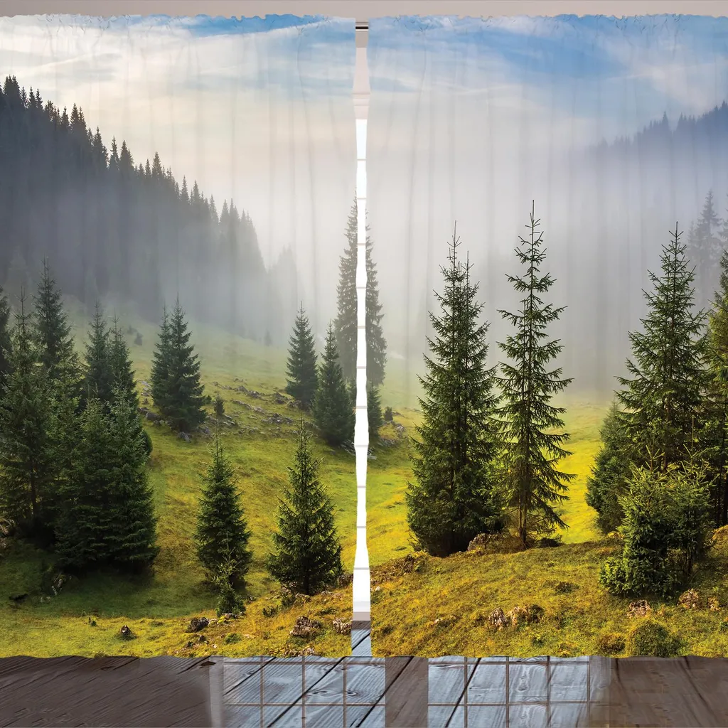 Tenda ARANDE, abeti su prato tra pendii con foresta di conifere nella nebbia prima dell'alba, 280 x 175 cm, bianco verde