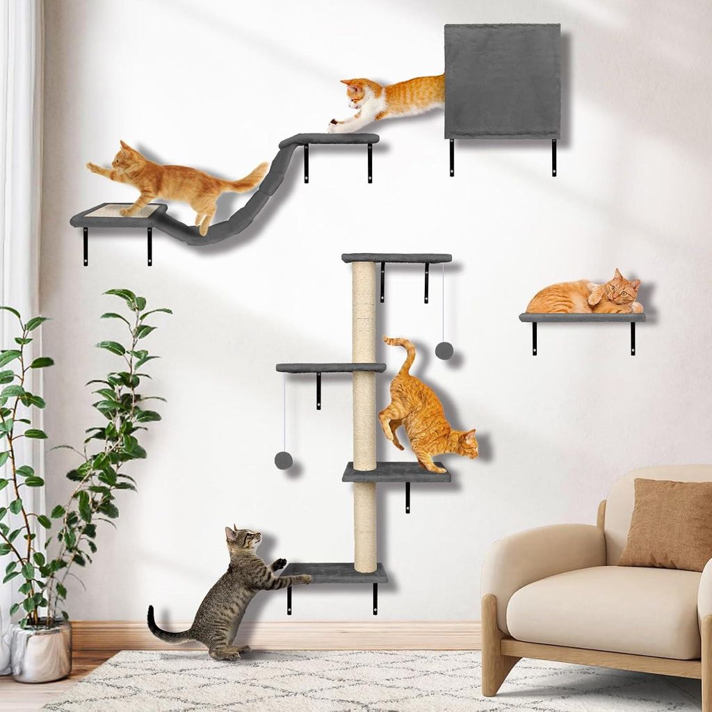 10-teiliges Katzen-Kletterwandset - Stabile Kratzsäule für Katzen - Wand-Plüsch-Kratzbaum - Katzenmöbel mit Katzenhaus und Katzenbrücke - Krat...
