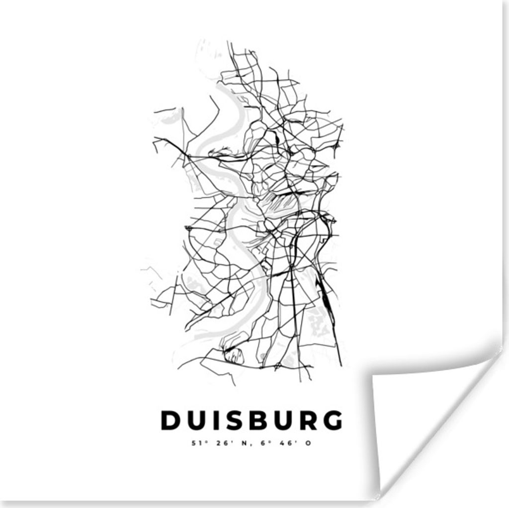 MuchoWow Poster Karte - Duisburg - Schwarz-Weiß - Stadtplan 50x50 cm - Wohnzimmerdekoration