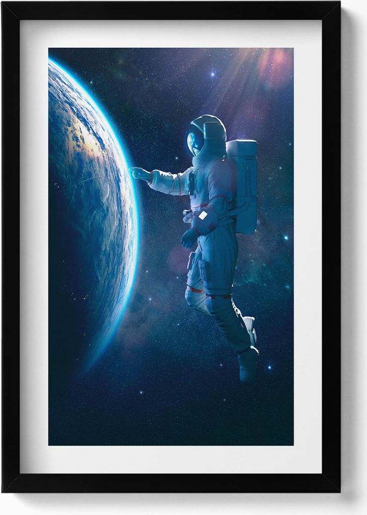 Kosmonaut und Planet Erde– Wandbild mit Rahmen – Gerahmtes Bild – Wanddekoration – 40x60 cm – Schwarz