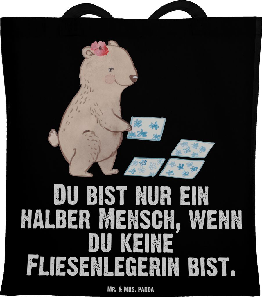 Mr. & Mrs. Panda totebag Fliesenlegerin Herz - Schwarz - Geschenk, Tasche, Büchertasche, Fliesenfachhandel, Beutel, Einkaufstasche, Spruch, Uni, H...