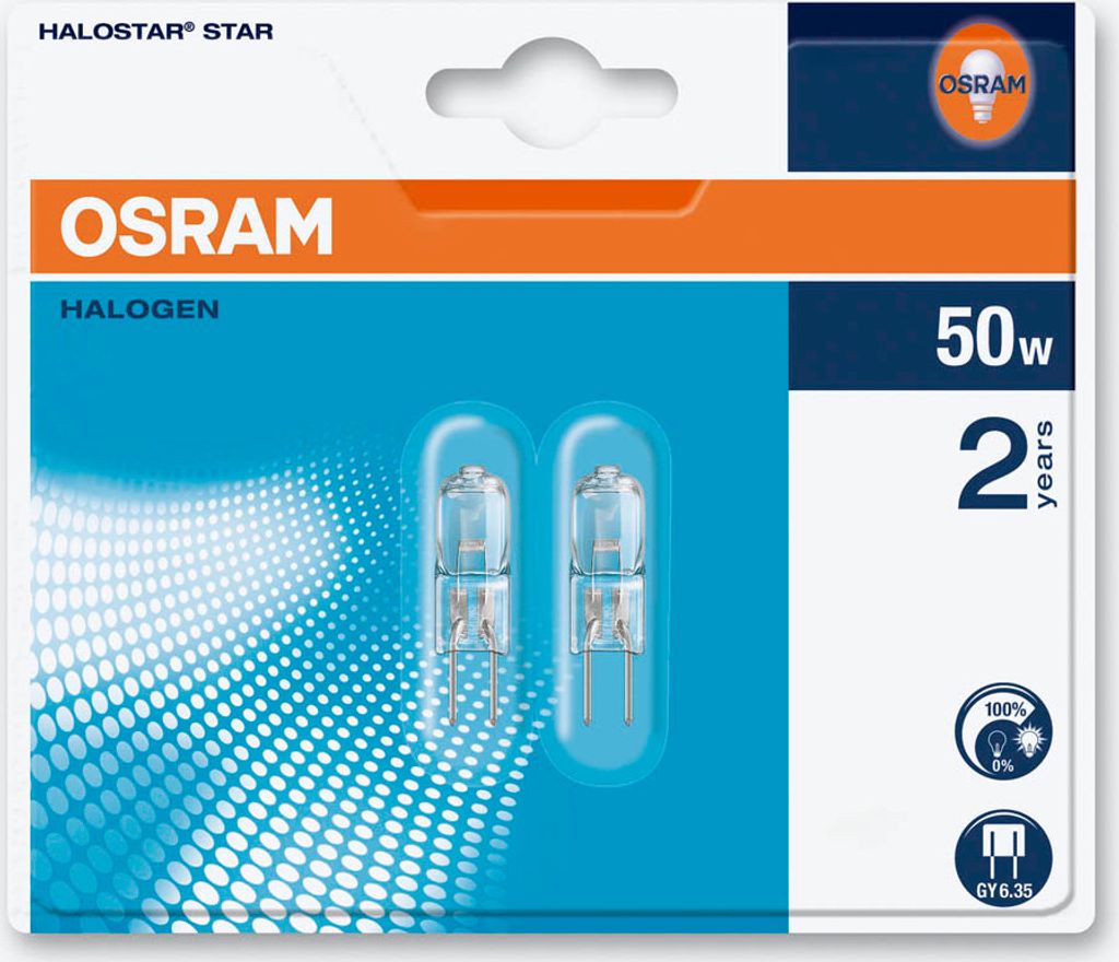 The image shows the packaging of two OSRAM halogen light bulbs.