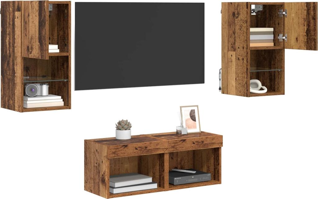 (Robust Möbel) TV-Wandregale mit LED-Lichtleisten 4 pcs - Montage erforderlich - Altholz Holzwerkstoff - CL190104 - TV-Schränke