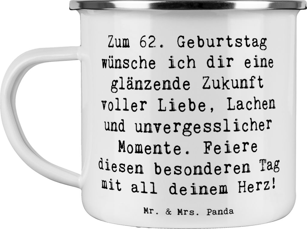 Mr. & Mrs. Panda Pott Spruch 62. Geburtstag Glänzende Zukunft - Weiß - Geschenk, Happy Birthday, Emaille Tasse, Kaffeepott, Outdoor Becher, Gebur...