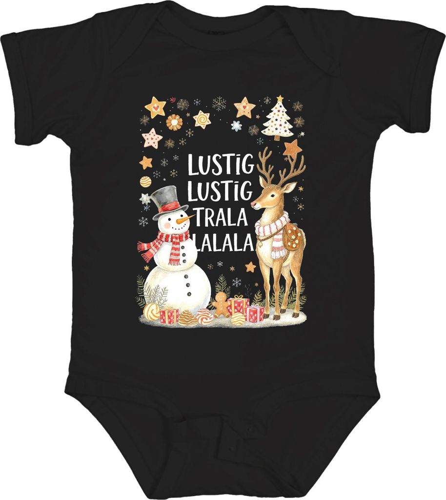 Lustig Lustig Trala Lalala Weihnachten Schneemann Rentier Retro Unisex Baby Body, Schwarz, 18/24