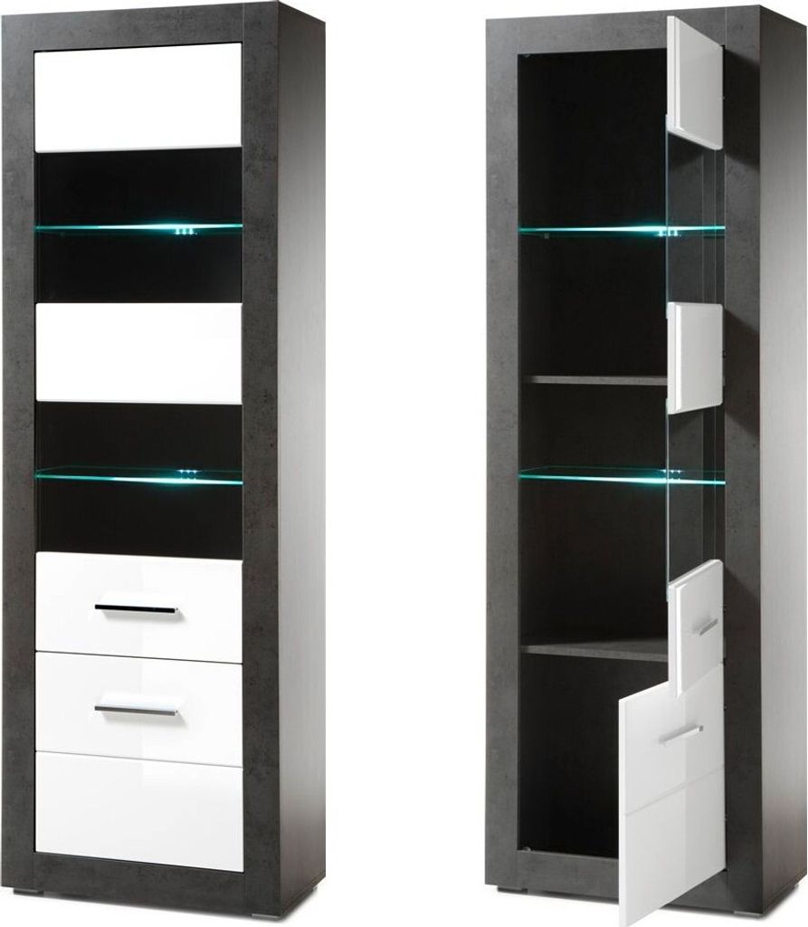 Standvitrine ETON-61 in Betonoptik dunkel & Hochglanz weiß B/H/T: 65/198/35cm