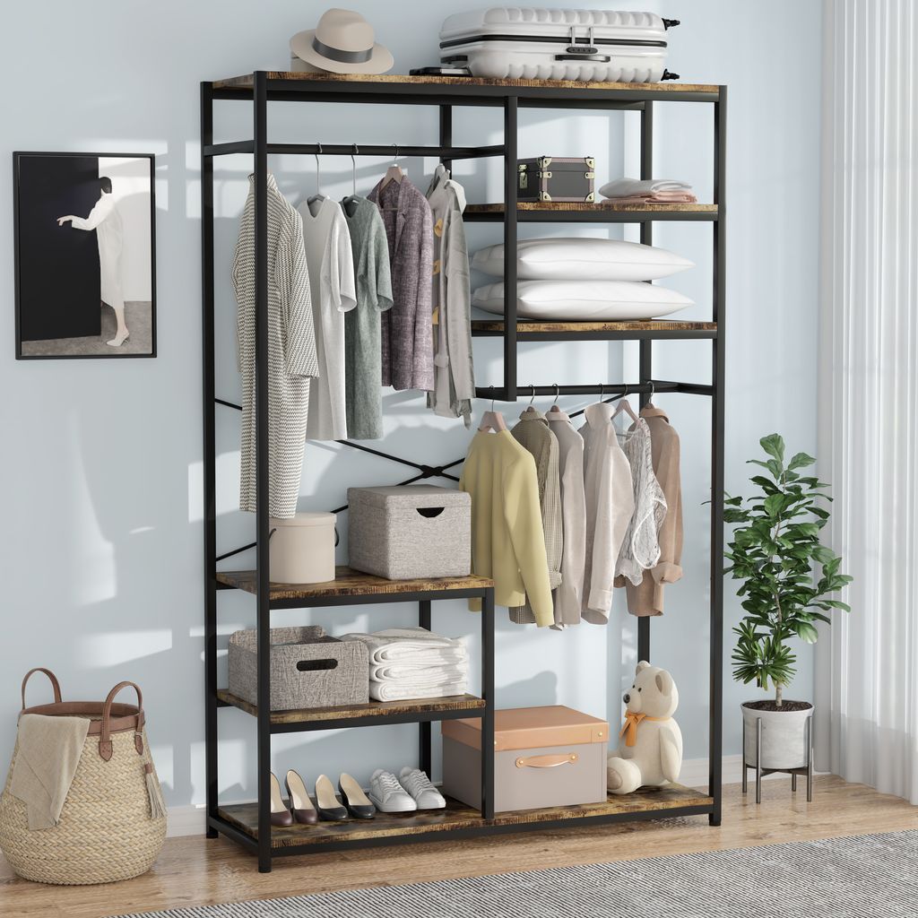 Garderobe Industrial Style,Kleiderständer Offener für Schlafzimmer,Kommt mit 5-stöckigen Aufbewahrungsregalen und 2 Kleiderstangen,Garment Rack