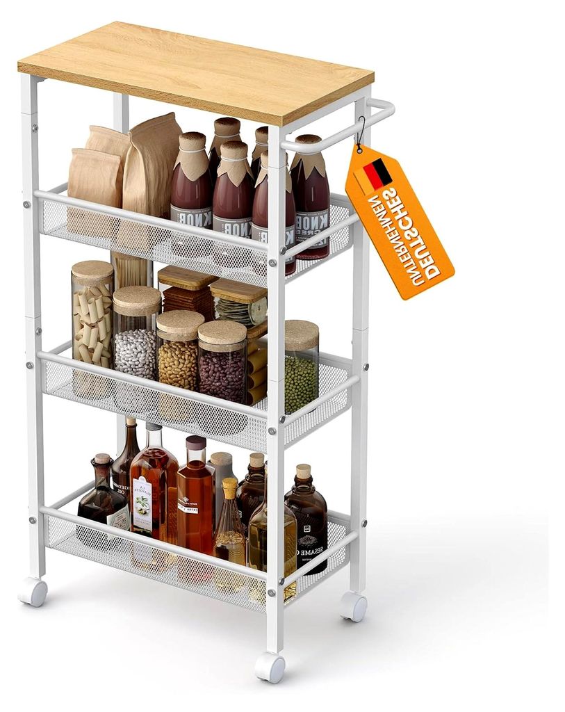 Rollwagen mit 4 Ebenen, schmaler Küchenwagen, Nischenregal auf Rollen, Stahl, mit Griff, für kleine Räume, 22 x 45,4 x 77 cm, geeignet für Küc...