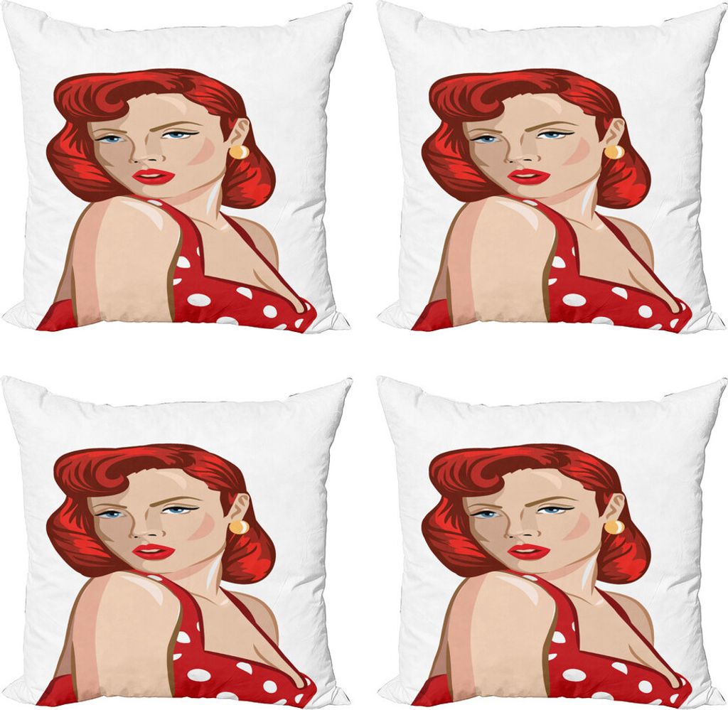 ABAKUHAUS Pin up Girl Kissenbezug Set (4 Stück), Rolled Haar Ingwer, Moderner Doppelseitiger Digitaldruck, 40 cm x 40 cm, Blasse Pfirsich Scarlet