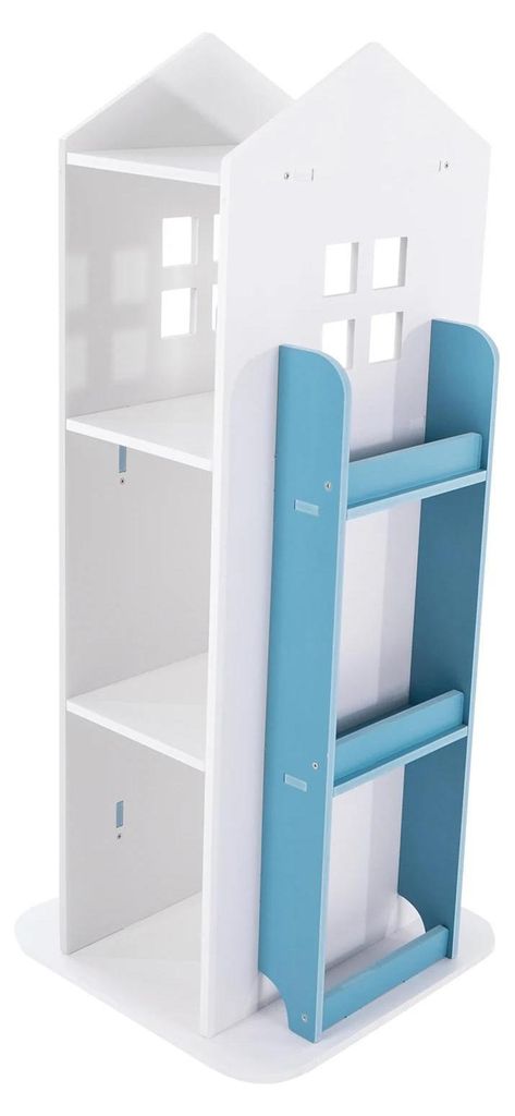 Kinder Bücherregal - Drehbares Bücherregal - 4 Ebenen - Haus-Design - Holz - Kindersicher - Montage Erforderlich - Blau